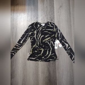 DKNY Long Sleeve Top with Black and Green Pattern